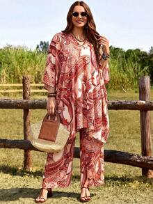 EMERY ROSE Plus Size Paisley Print Casual Vacation Top And Pants 2 Pieces Set Fall - Apricot - View 5