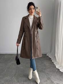 SHEIN 女款秋冬深棕色翻領雙排扣長款皮革大衣，長袖束腰大衣，時尚場合穿搭，適合日常通勤與派對 - 咖啡棕 - 查看 7