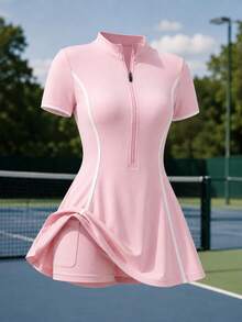 CourtClass CourtClass 1 Set Pink Seamless Women's Sports Dress, Stand Collar, Zipper, Soft & Comfortable Fit, Suitable For Workout, Running, Casual, Yoga - Pink - View 5