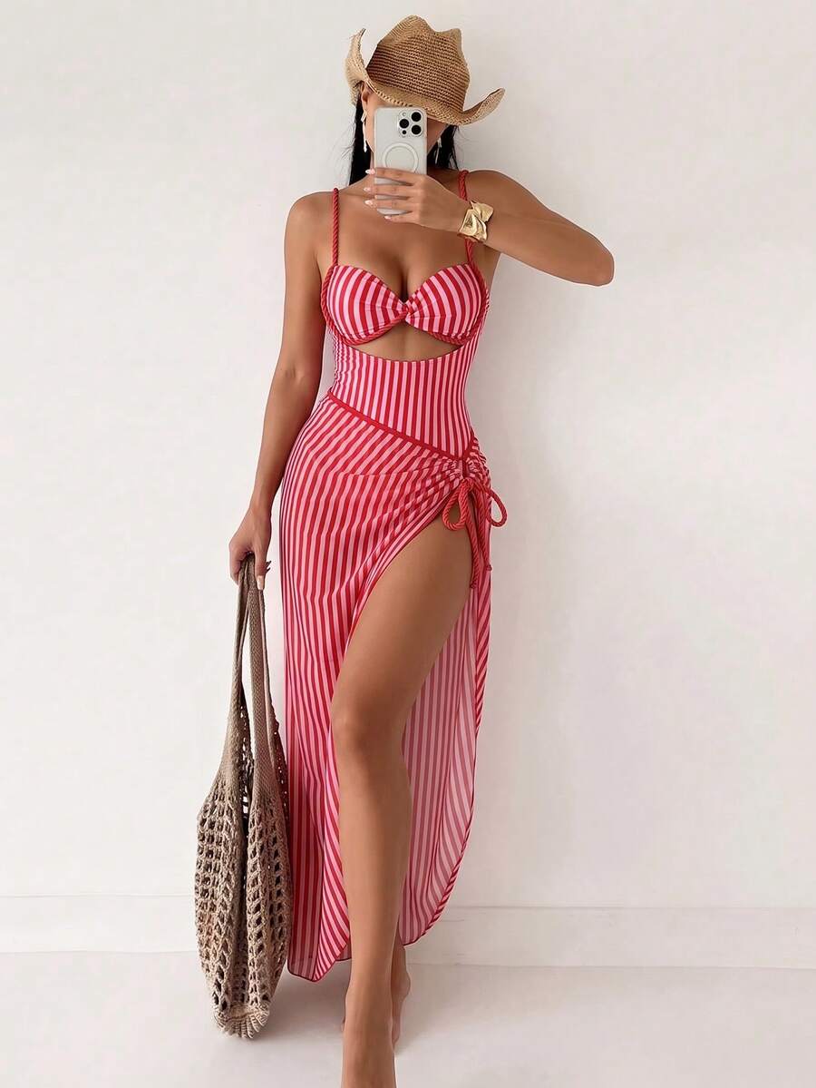 Swim SXY 夏季新款女款 2 件式海灘套裝,含一件式上衣、漸層編繩細肩帶、側綁帶海灘裙比基尼 3 件套 - 粉色 - 查看 1