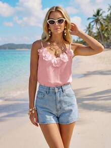 Sylviya Casual Romantic European Sexy Tropical Women's 3D Floral Camisole Tank Top For Summer Vacation Beach Soft Pink - Pink - View 4