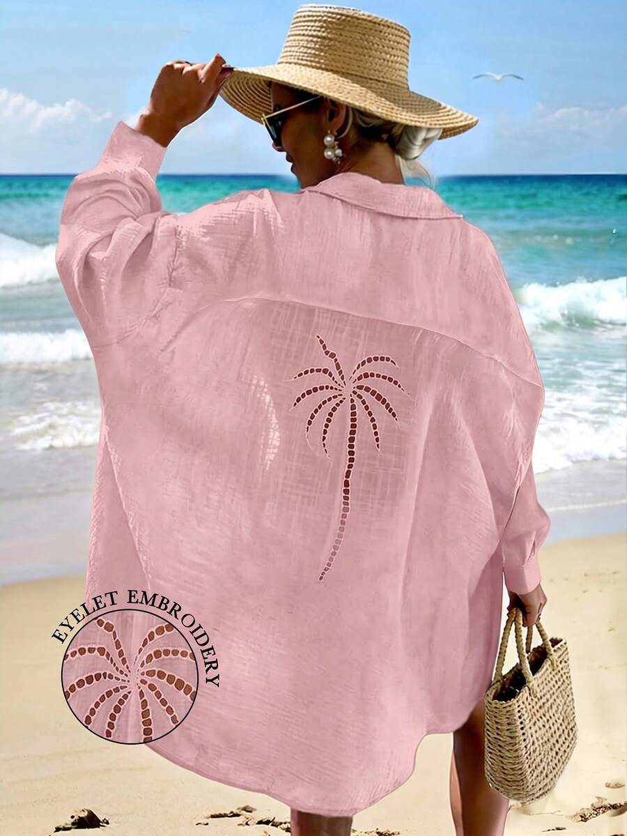 Vaclyn 2026 女款性感刺繡鏤空寬鬆海灘度假罩衫 秋季 - 粉色 - 查看 1