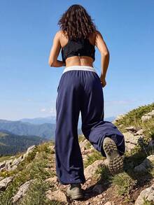 Exploreva Exploreva Women's Drawstring Waist Colorblock Casual Daily Travel Sports Sweatpants - Navy Blue - View 7