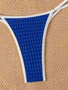 Costavie Bonvoyette Summer Beach Edging Texture Deep V Cold Shoulder Sexy Bikini Swimwear Set - Blue - View 7