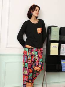 Chillnights Young Cartoon Colorblock Crew Neck Pullover Women's Pajama Set - Multicolor - View 6