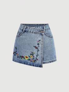 SHEIN MOD 女款夏季休閒花卉刺繡裹身牛仔短褲 - 藍色 - 查看 1