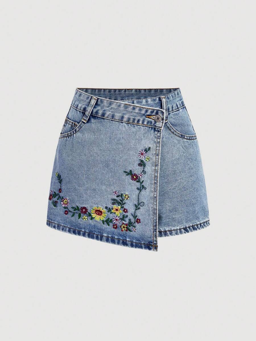 SHEIN MOD 女款夏季休閒花卉刺繡裹身牛仔短褲 - 藍色 - 查看 1