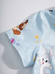 LOONEY TUNES X SHEIN Baby Boy Cartoon Print Short Sleeve Top And Shorts Casual Daily Home Sleepwear Set - Blue - View 4