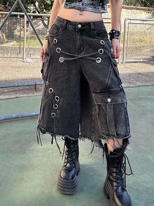 Grunge Punk ROMWE X Lorella 春夏黑色街頭龐克風破洞寬鬆超低腰女款牛仔七分褲 - 黑色 - 查看 3