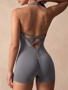 Slayform Slayform Seamless Knit Sexy Halter Backless Women's Sports Romper - Grey - View 1