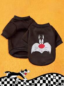LOONEY TUNES X PETSIN 1pc Small Black Cat Face Printed Pet Winter Clothing, No Hat Design, Thick And Warm, Anti-Flea, Less Shedding, Heat-Resistant, Breathable Fabric, Suitable For Autumn And Winter, Indoor And Outdoor Use - Black - View 1
