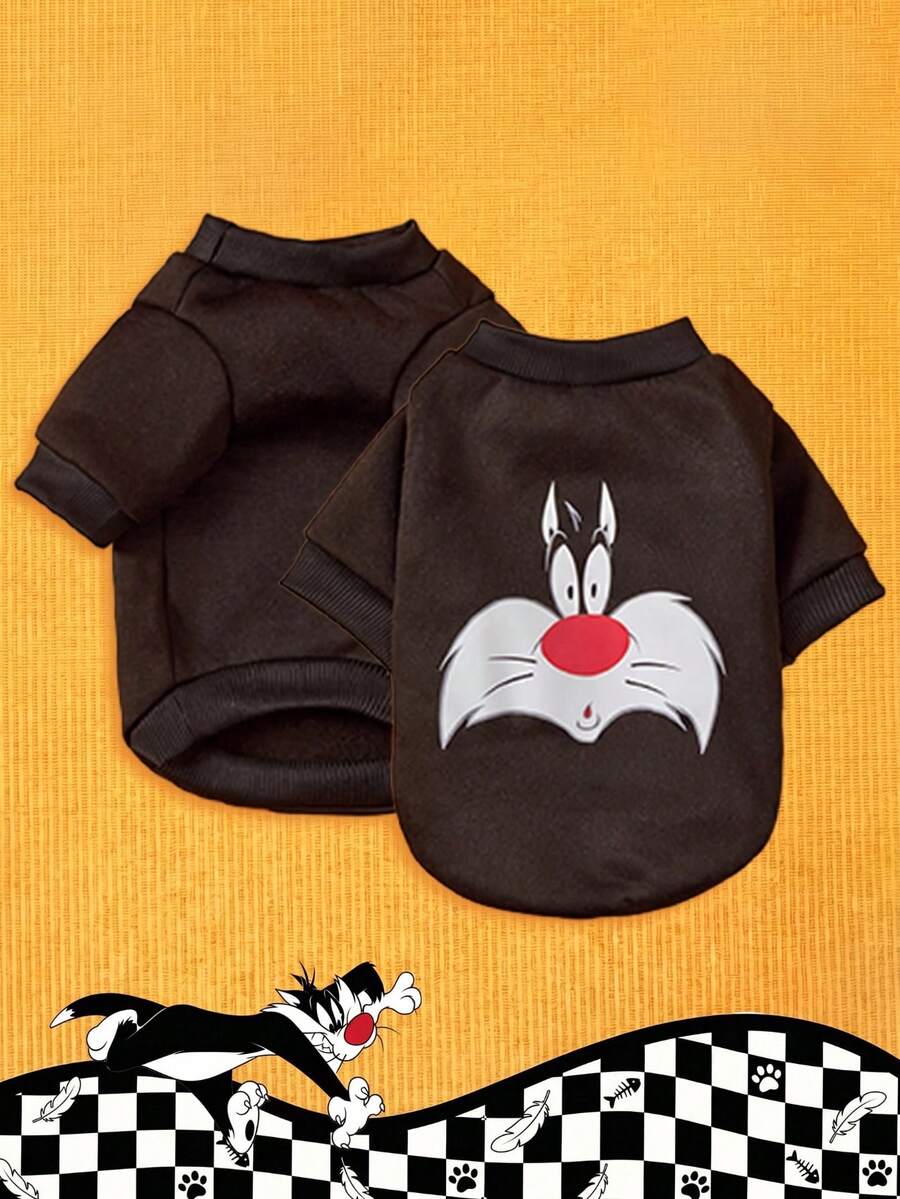 LOONEY TUNES X PETSIN 1pc Small Black Cat Face Printed Pet Winter Clothing, No Hat Design, Thick And Warm, Anti-Flea, Less Shedding, Heat-Resistant, Breathable Fabric, Suitable For Autumn And Winter, Indoor And Outdoor Use - Black - View 1