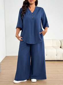 SHEIN Essnce Plus Size Casual Shirt Pants 2 Pieces Set Daily Going Out Vacation Formal For Women Summer Office Business Work Navy Blue - Blue - View 4