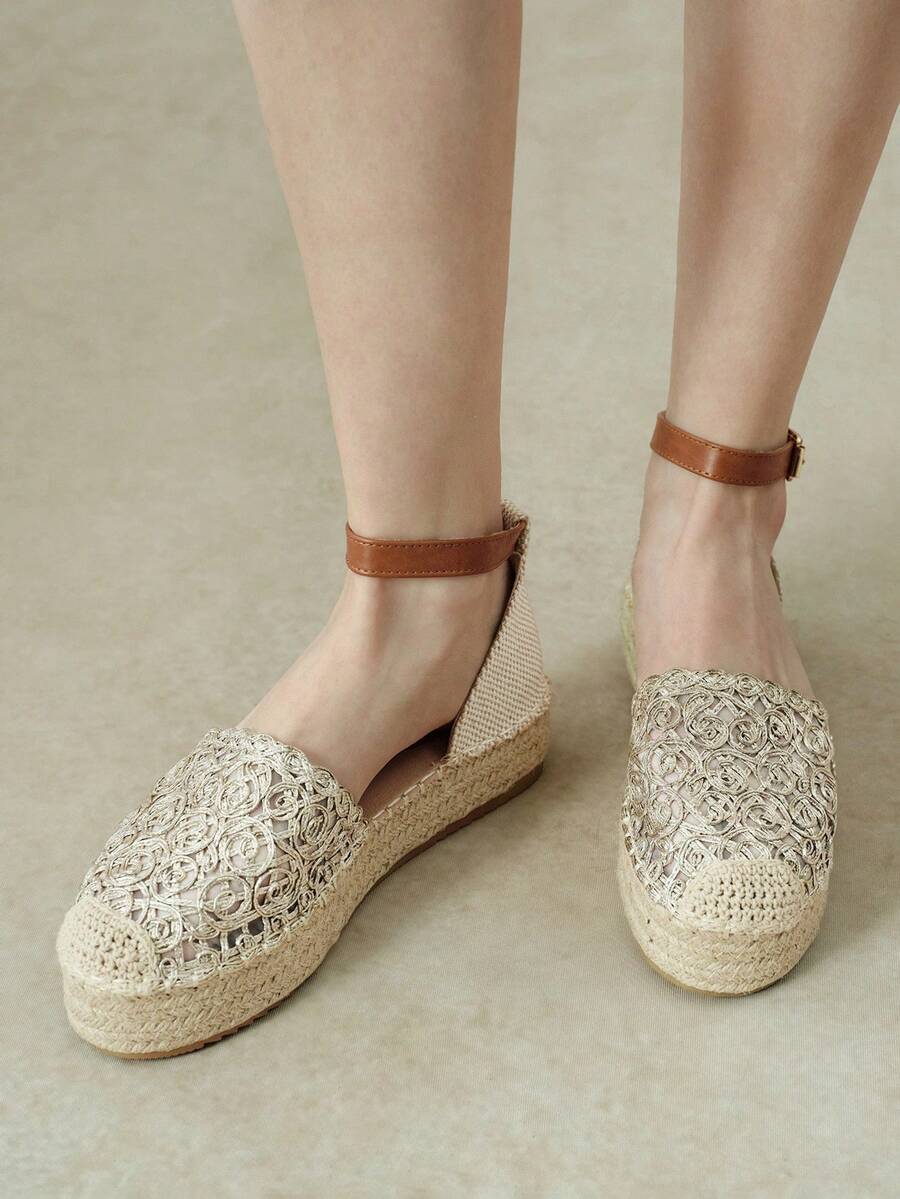 Styleloop Zapatos de plataforma para mujer estilo retro dorado de vacaciones con cinturón de tirador hueco tejido de cuerda de cáñamo - Dorado - Ver 1