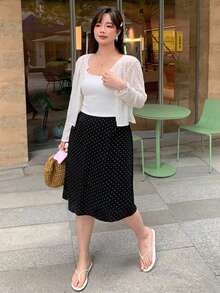 Dazy Plus All-Over Polka Dot Cute Girl Casual Korean Style Spring Summer Versatile A-Line Black Long Plus Size Women's Skirt - Black - View 6