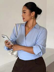 Dazy Plus Solid Color Loose Fit Asymmetrical Collar Tie Long Sleeve Casual Vacation Summer Top Spring Autumn Shirt - Blue - View 4