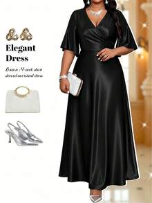 Fleurora 大尺碼復古優雅交叉設計百褶洋裝，適合晚宴、雞尾酒會、正式晚餐派對、婚禮，黑色夏季款 - 黑色 - 查看 4