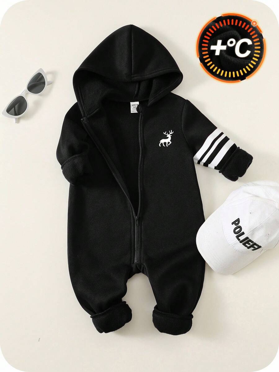 SHEIN 海軍藍保暖內裡加厚連帽長袖連身褲,舒適百搭休閒時尚日常可愛學院風極簡百搭款,適合室內、戶外滑雪、日常穿著、運動、派對、秋冬攝影 - 黑色 - 查看 1