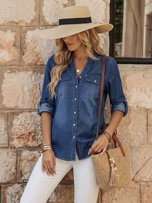 EMERY ROSE Women's Autumn V-Neck Single Breasted Cuffed Sleeve Denim Top - Blue - View 1