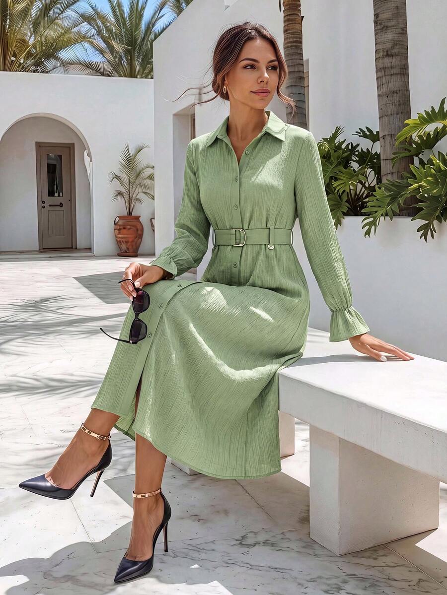 Chiquease Women's Elegant Patchwork Waist Loose Long Sleeve Midi Dress - Green - View 1