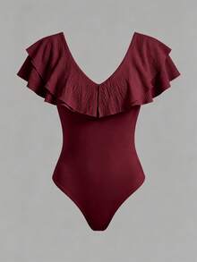 Rafferiza Women's Solid Color Ruffle Collar Fitted Elegant Bodysuit - Burgundy - View 4