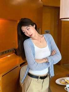 Tideelle 薄荷綠柔美風荷葉邊鏤空針織女款罩衫，夏季輕量防曬罩衫，寬鬆顯瘦長袖外套 - 淺藍色 - 查看 6