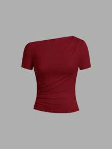 SHEIN Clasi 女款純色不對稱肩褶皺修身百搭休閒T恤 3件/套 - 彩色 - 查看 5