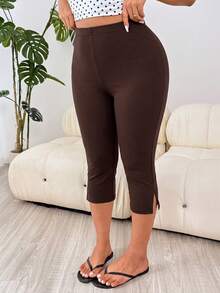 Muchica Chocolate Brown Plus Size Fitted Cropped Leggings With Side Slit Hem - Chocolate Brown - View 3