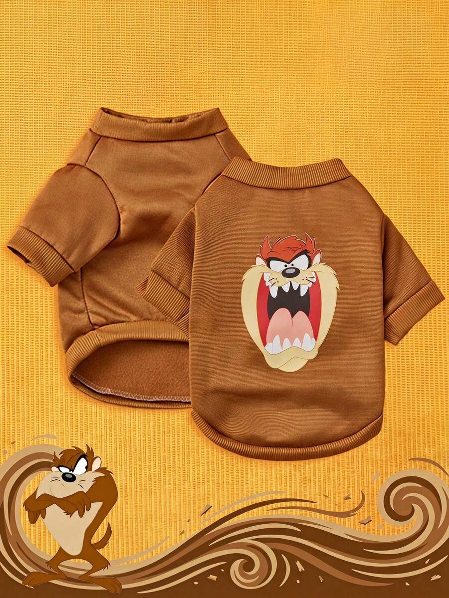 LOONEY TUNES X PETSIN 1件棕色惡魔臉印花寵物套裝(不含帽子),厚實保暖,適合秋冬,柔軟舒適面料,讓您的貓或小型犬在寒冷天保持溫暖,適合日常穿著、可愛散步或展現可愛搞怪風 - 彩色 - 查看 1