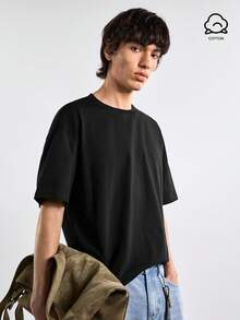 Merionis Men's High-Quality Thick 100% Cotton Solid Color Casual Basic Old Money Versatile Daily Wear Short Sleeve T-Shirt City Break Evening Holiday Office - Black - View 2
