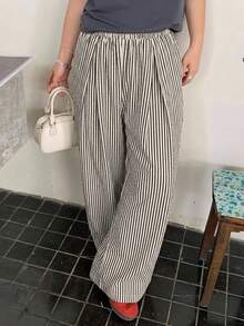 Dazy Plus Pantalones de pierna ancha sueltos con cintura elástica y bolsillos, talla grande, versátiles para primavera y verano - Blanco y Negro - Ver 6