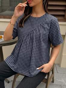 DAZY 白色圓領短袖套頭上衣，百搭春夏休閒孕婦襯衫 - 藏蓝色 - 查看 3