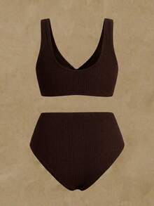 Swim Chiccia Plus Size Vacation Beach Metal Decor Swimwear Set - Brown - View 9