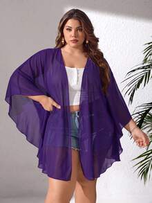 SHEIN CURVE+ Traje de baño básico de talla grande con tela de malla transparente de unicolor - Morado - Ver 3