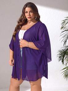 SHEIN CURVE+ Traje de baño básico de talla grande con tela de malla transparente de unicolor - Morado - Ver 4