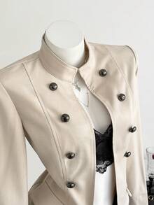 Elamini Women's American Style Double-Breasted Elegant Versatile Long Sleeve Jacket Night Out Beige Autumn - Apricot - View 5
