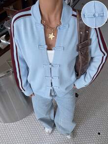 Muchica New Chinese Style Frog Button Cardigan Jacket Chinese Stand Collar Long Sleeve Sweater - Blue - View 1