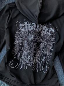 SHEIN Tween女孩長袖連帽T恤 秋冬款 印花圖案街頭風上衣 - 黑色 - 查看 5
