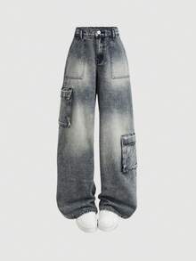 SHEIN Celana Jeans Longgar Model Lebar Gaya Kerja Retro Biru Desain Saku Y2K untuk Remaja Perempuan, Cocok untuk Halloween - Biru - View 6