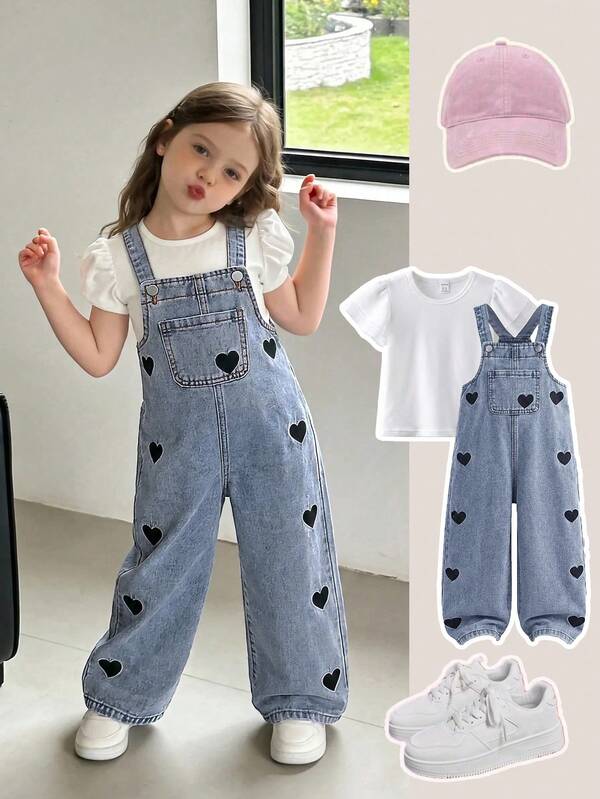 SHEIN Young Girls'Y2k Lovely Heart Embroidery Blue Denim Loose Overalls Baggy Jeans,Fall Clothes,For Girls Back To School Clothes,Toddler School Outfits