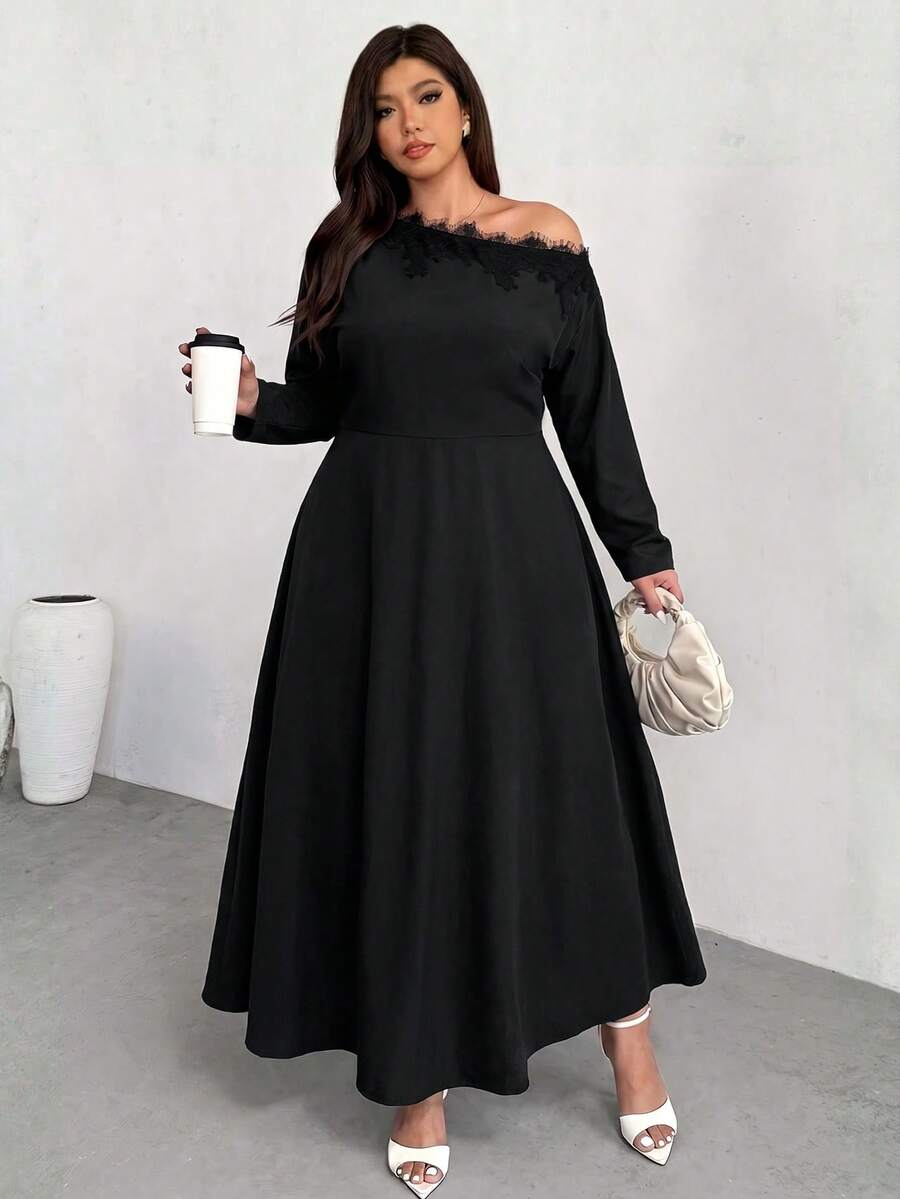 Firerie Black Collar Lace Applique Plus Size Asymmetrical Shoulder Long Sleeve Cinched Waist Pleated Flared Maxi Dress/Elegant Commute Spring Autumn