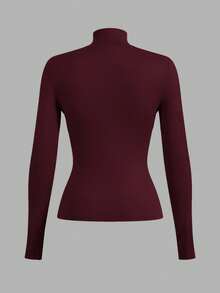 Fluxe Women's Regular Fit Solid Color Knit Long Sleeve Crew Neck T-Shirt Tight Tops Stand Collar Top - Burgundy - View 4