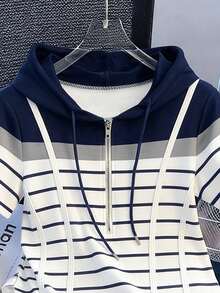 Resyla Hoodie Lengan Pendek Bergaris dengan Resleting Setengah, Desain Baru Musim Semi/Panas, Atasan Kasual Asimetris - MultiWarna - View 3