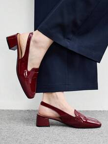 CUCCOO BIZCHIC 女款方跟酒紅鏡面時尚簡約高跟鞋 後扣帶款 度假穿搭 百搭舒適 通勤穿著 老錢風女鞋 - 酒紅色1 - 查看 4