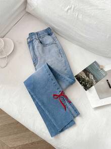 SHEIN Tween Mädchen Jeans Skinny, weich, Baumwolle, lässig, stilvoll, vielseitig, bequem für den Alltag und einfach. Merkmale sind ein geschlitzter Saum und ein besticktes Schleifenmuster. Die schmale Passform und der Stretch-Denim mit weißem Spray-Wash sind geeignet für Lässig, Urlaub und den Alltag. - Helle Waschung - Übersicht 9