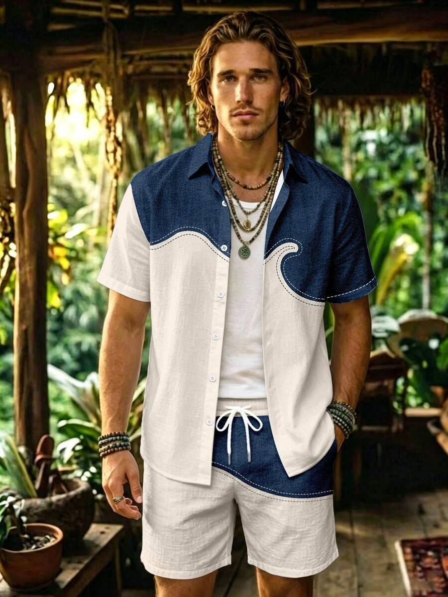 Alderstead Men's Two Piece Set,  Print Textured Fabric, Button Down Shirt And Shorts, Contrast Design, For Vacation, Beach, Daily Wear - Multicolor - View 1