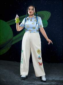 Rick and Morty X SHEIN Plus Cartoon & Letter Graphic Straight Leg Pants - Beige - View 3