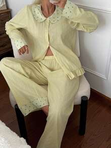 DAZY Women's Star Print Patchwork Top & Pants Pajama Set Fall - Green - View 13