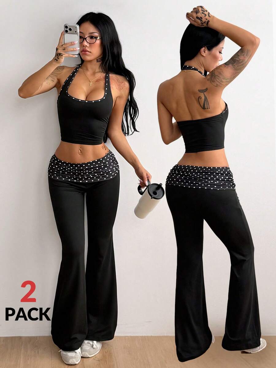 Coolane This Women's 2 Pieces Streetwear Set Includes A Stretchy Graphic Grey Camisole Bustier Top With Adjus - Black - View 1