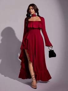Viva Relle Plus-Size Women's Square-Neck Asymmetrical Ruffled A-Line Party Red Dress - Burgundy - View 4
